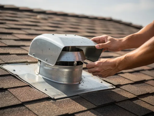 Town 'n' Country Dryer Vent Cleaning certified technician safely cleaning a roof-mounted dryer vent in Town 'n' Country
